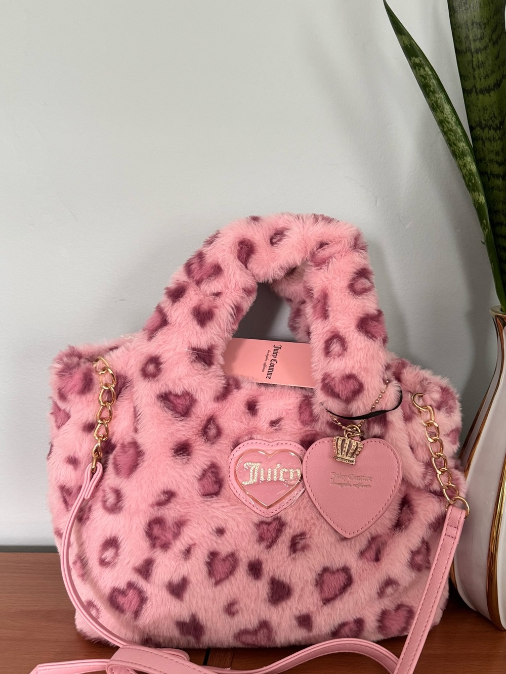 Juicy Couture Pink Warm Up Leopard Print Mini Tote Heart Crown Charm, NEW